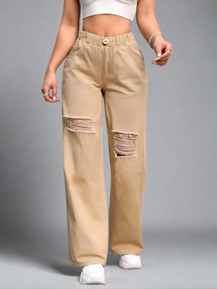 Boyfriend jeans marrón claro desgastados para mujer