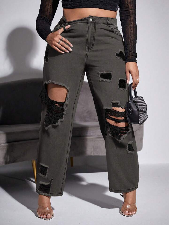 Jeans Grises Oscuro Rotos de PDMX en tallas extras, moda plus size chic.