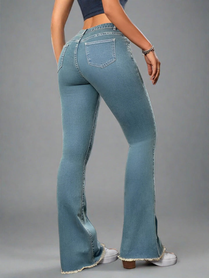 Jeans Campana De Tiro Alto Celeste: Jeans Acampanados para Mujer