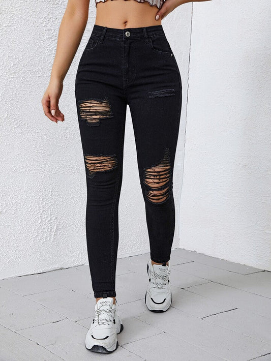JeansSkinnyNegrosCinturaAltaDeshilachados