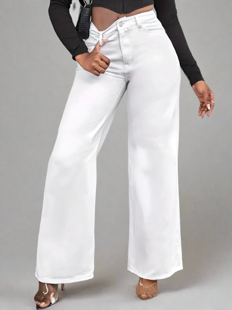 Detalle de cintura alta en Pantalones Boyfriend Blancos para Mujer