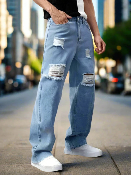 Jeans Baggy Desgarrados Azul Cielo para Hombre