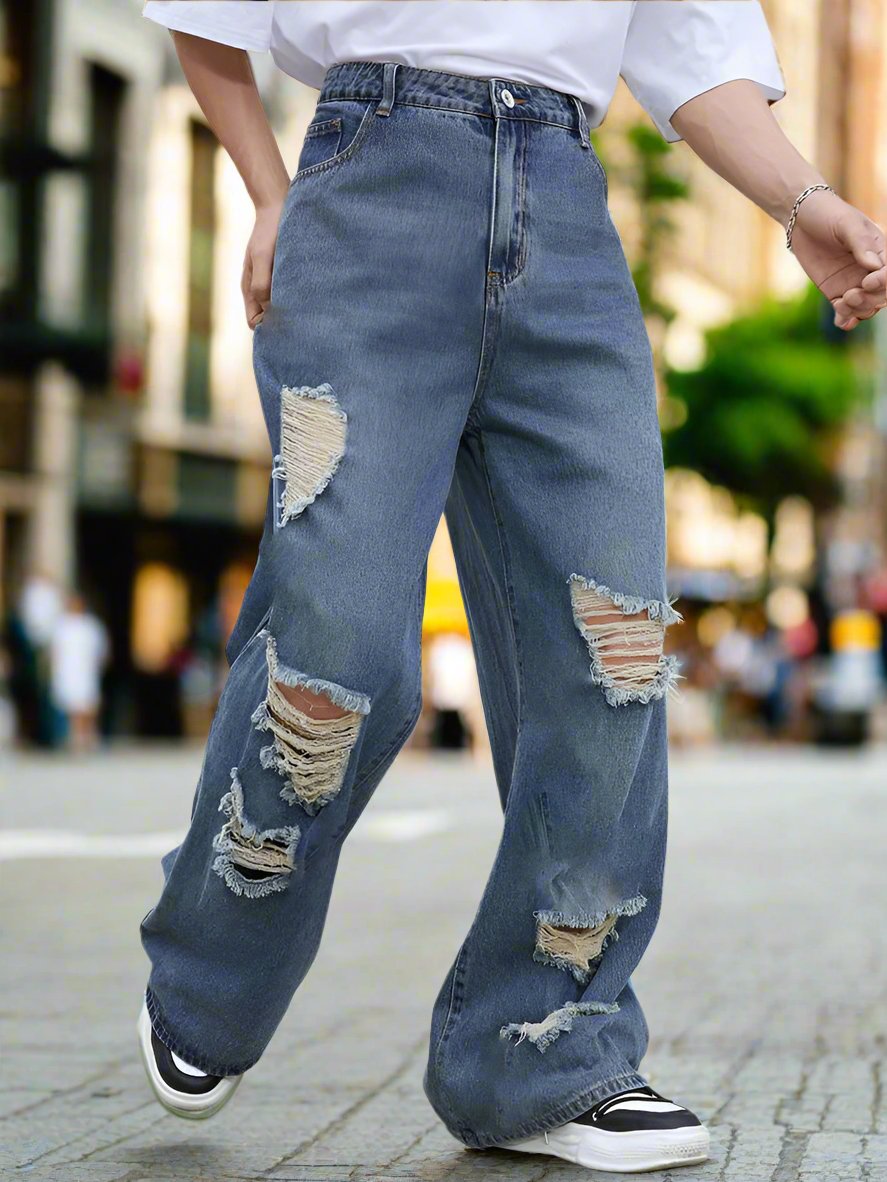 Pantalones Baggy Azules Rotos - Moda Masculina PDMX con Envío Gratis