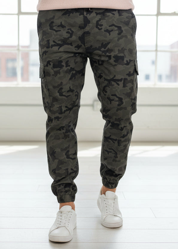 Pantalones Cargo Jogger Camuflaje Verde de Gabardina para Hombres