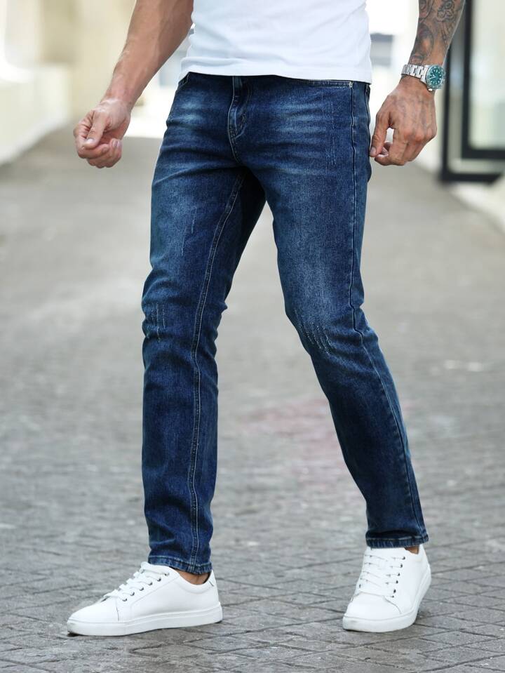 Jeans Slim Fit Hombre Azul Oscuro Desgastados