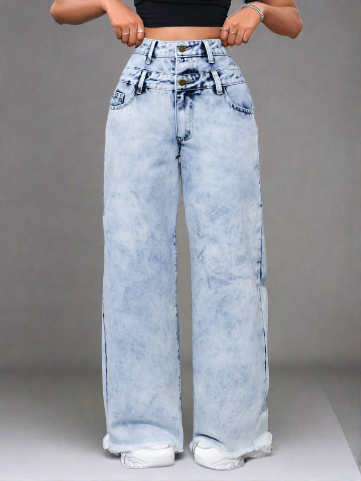 Jeans azules cielo de corte ancho y tiro alto para mujer