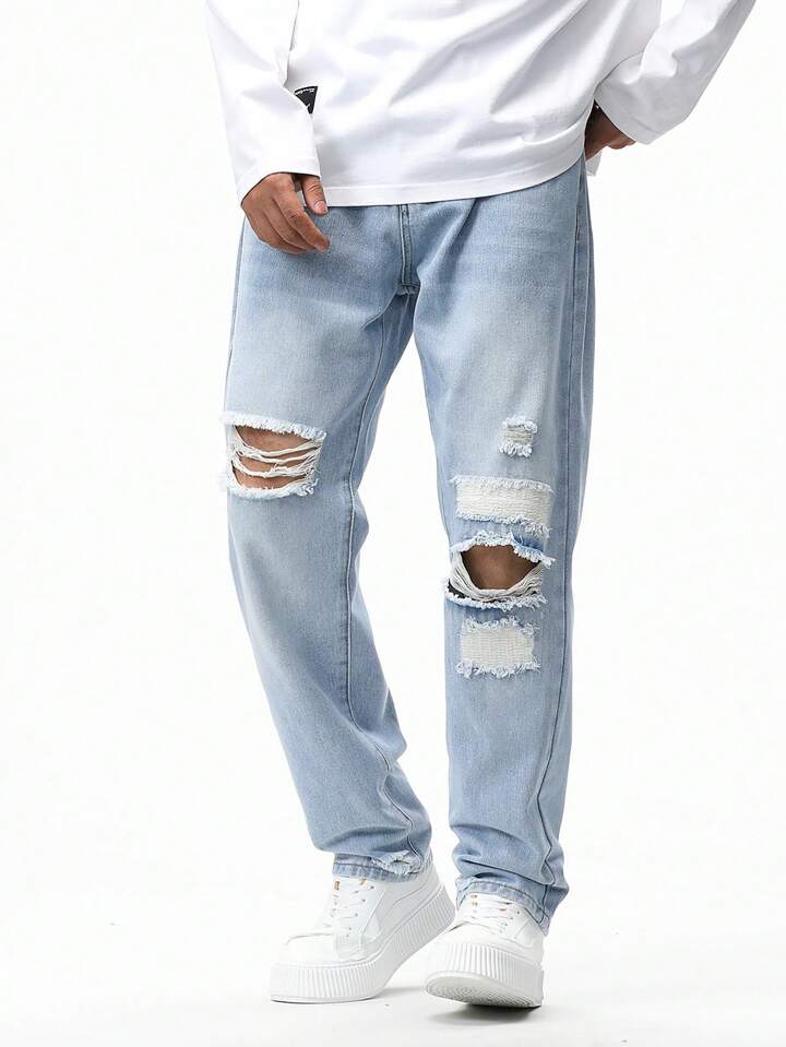 Pantalones Rectos Azules con Detalles Desgastados para Hombre