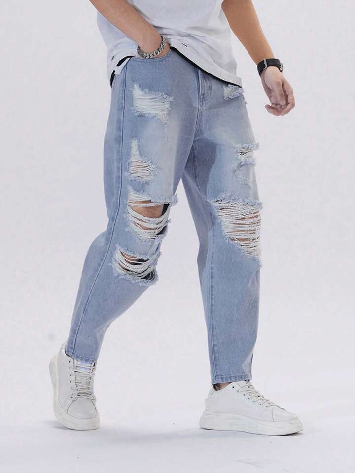 Jeans Mom Azul Desgastado con Rotos Hombre