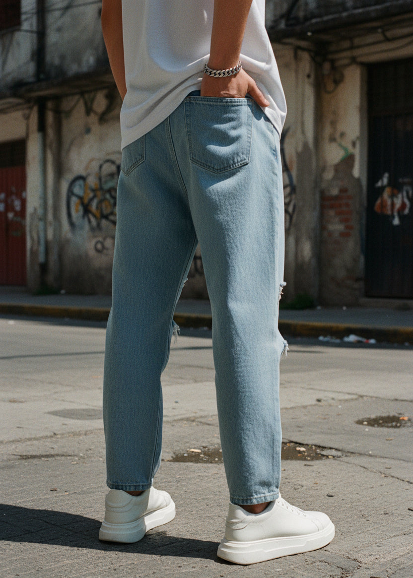 Look casual con Mom Jeans Azules Cielo Rotos para hombre de PDMX