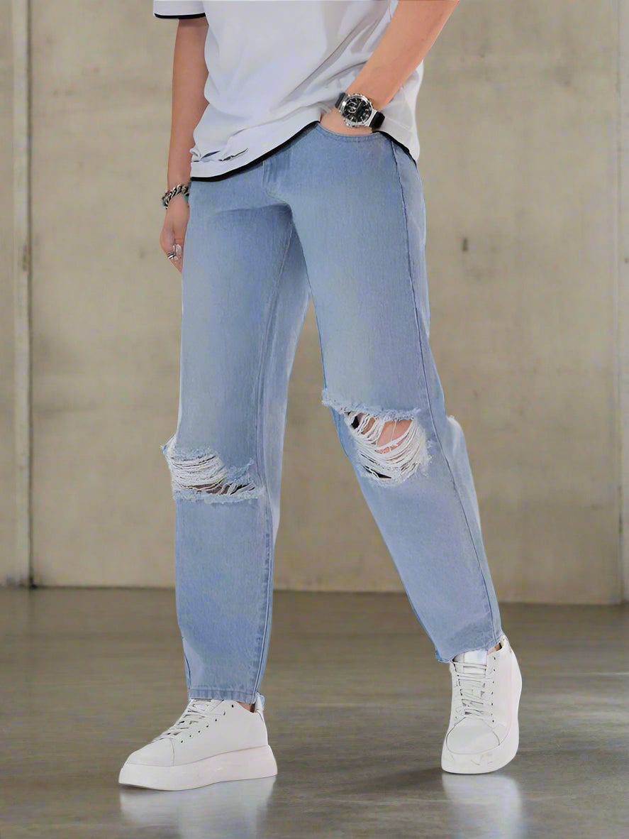 Mom Jeans Azul Desgastado para Hombre Estilo Moderno PDMX