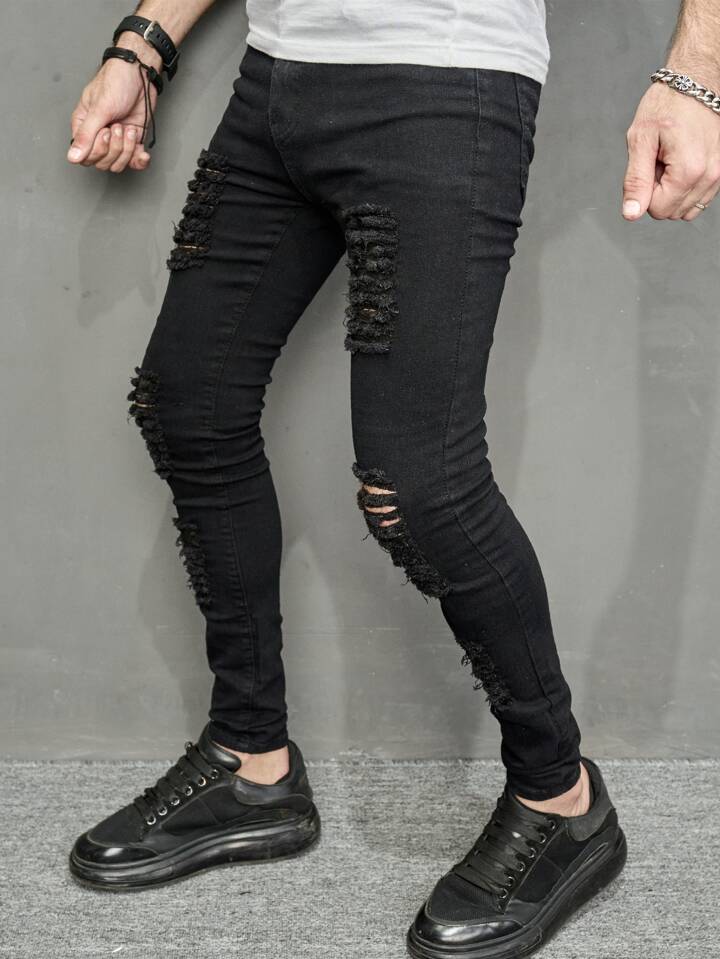 Jeans Negros Super Skinny Pantalones Rotos Hombres