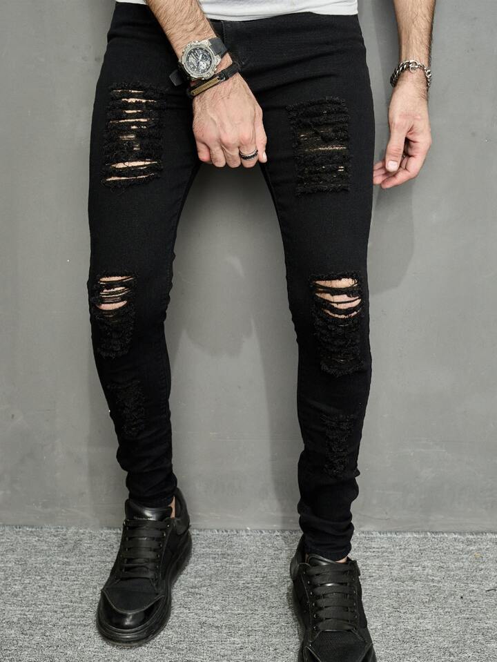 Jeans Negros Super Skinny Rotos Hombres