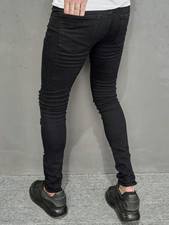 Jeans Negros Super Skinny Jeans Rotos Hombres