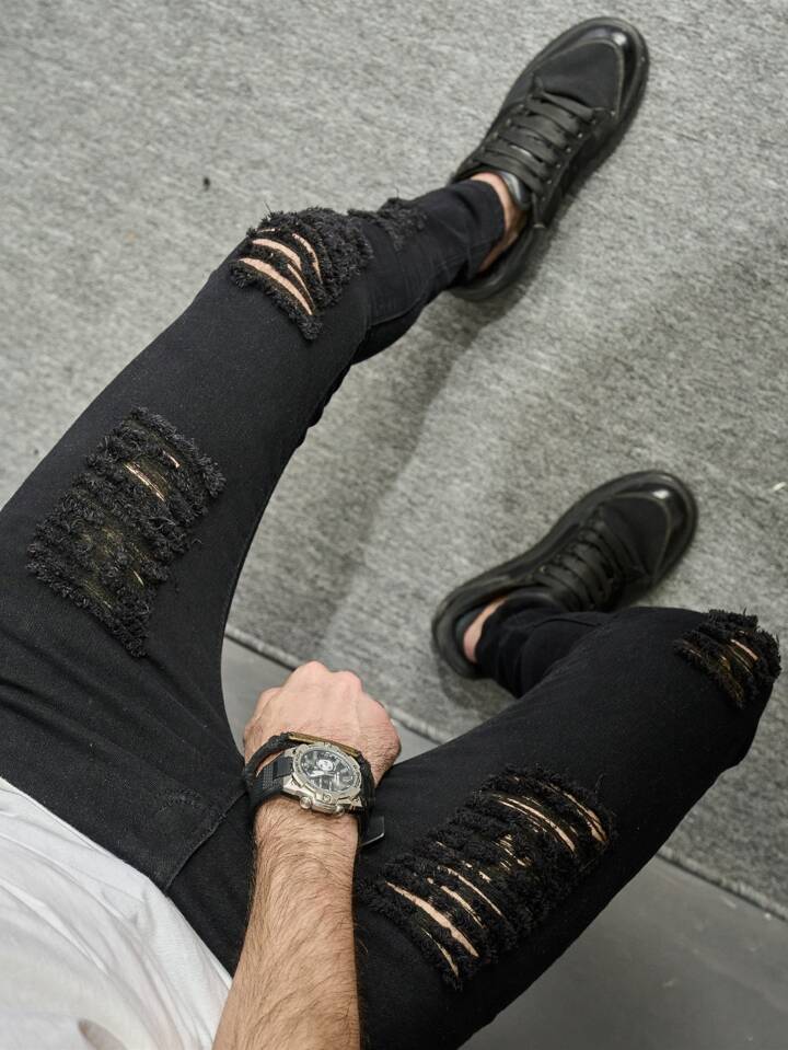 Jeans Negros Super Skinny Rotos Hombres