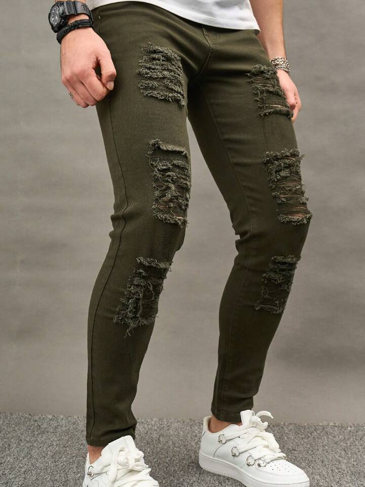 Skinny Jeans Rotos para Hombre verde