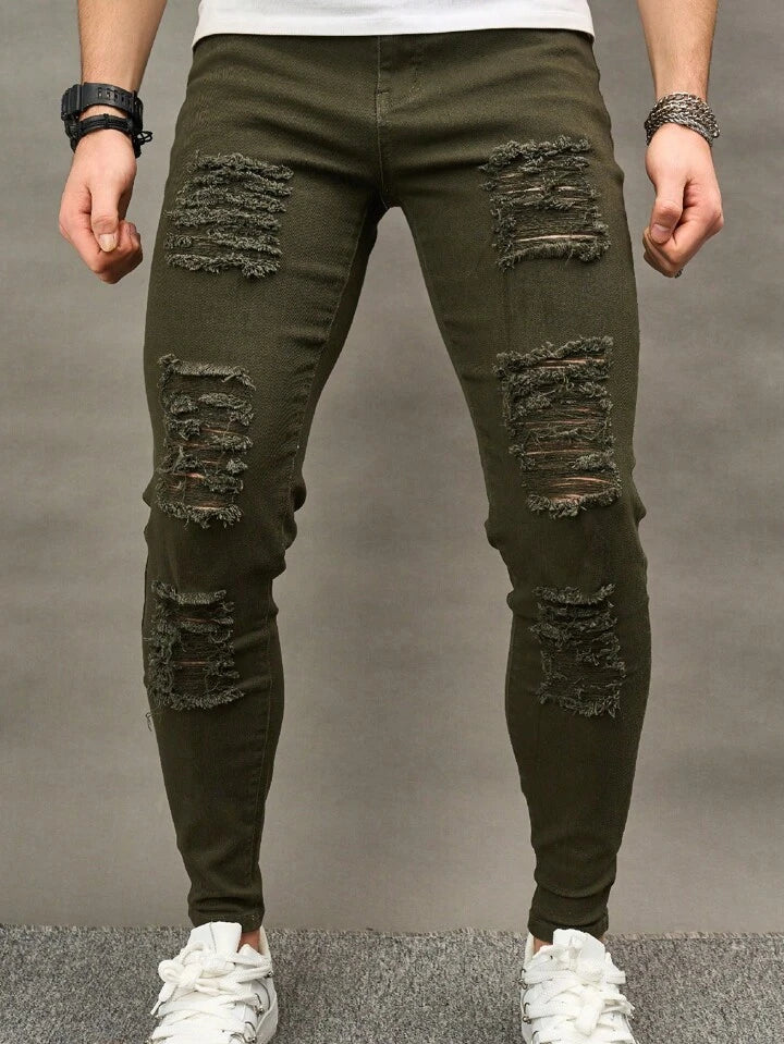 Skinny Jeans Rotos para Hombre verde