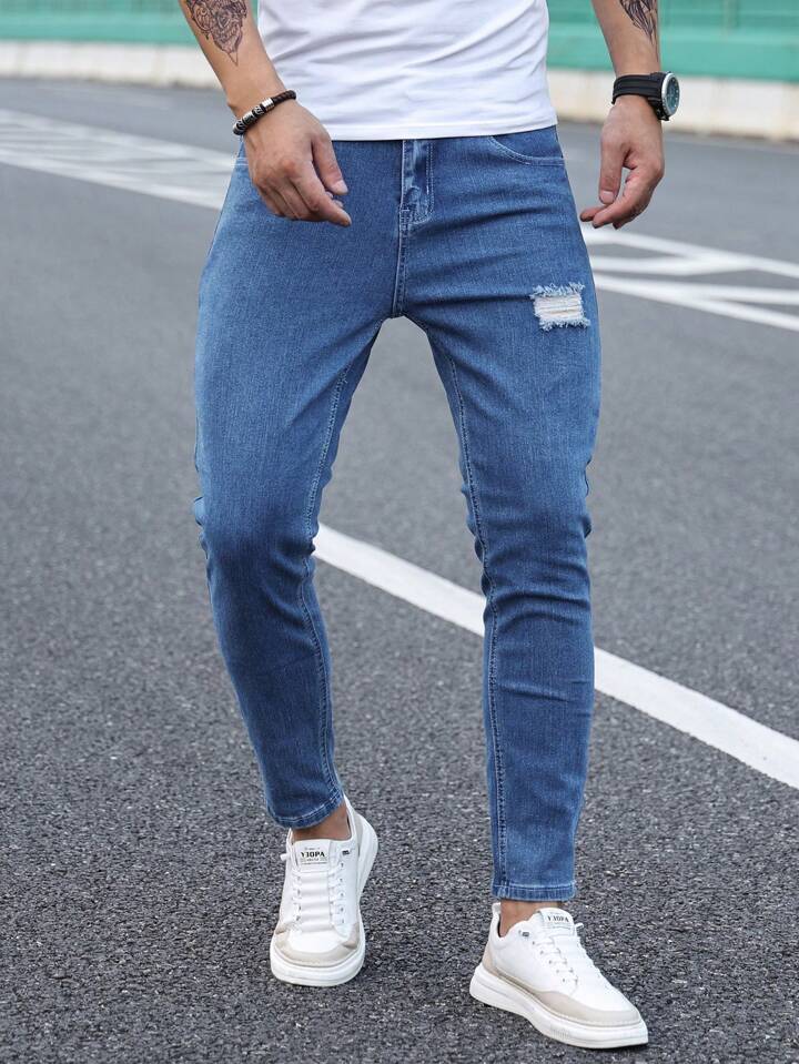 Jeans Slim Azul Rotos Hombre