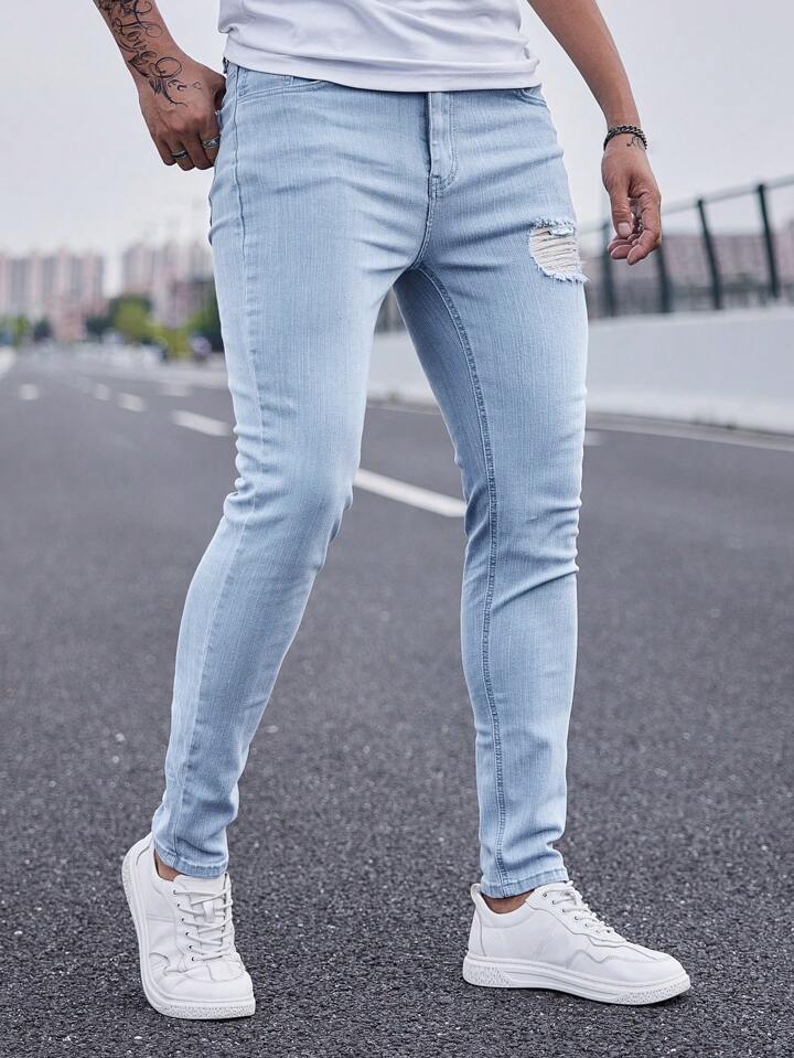 Skinny Jeans Hombre Azul Cielo Rotos