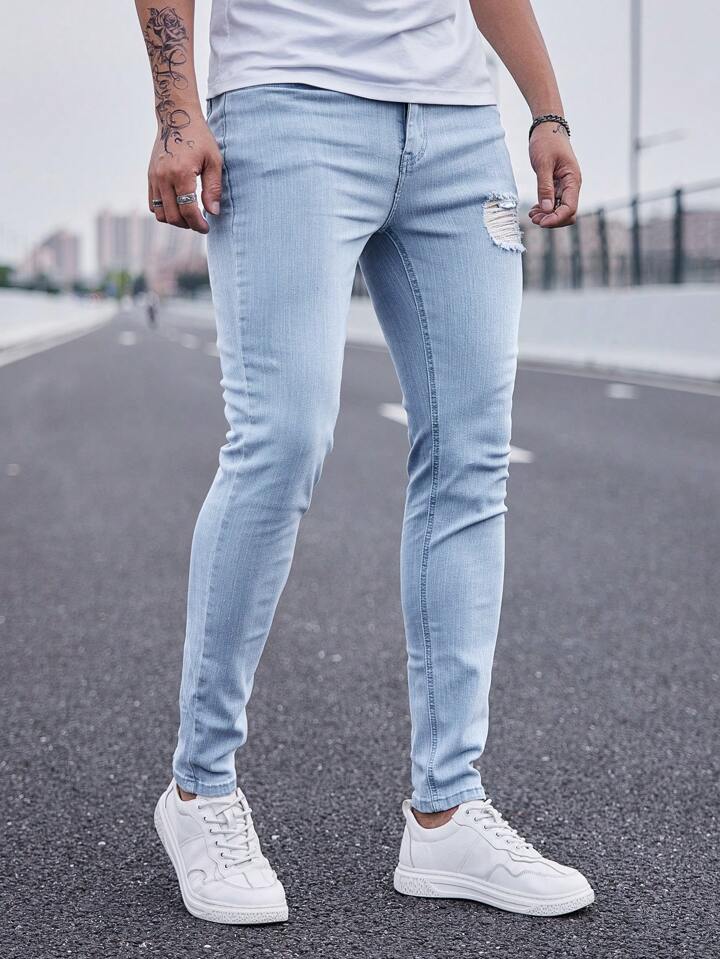 Jeans Slim Azul Cielo Rotos  Hombre