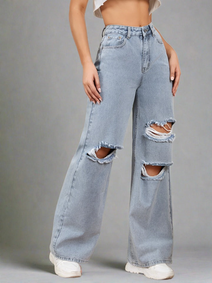 Jeans Rotos Wide Leg Gris Cielo para Mujer con envío seguro PDMX