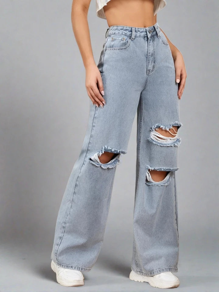 Moda femenina PDMX: jeans desgastados gris cielo, envío y seguro incluidos