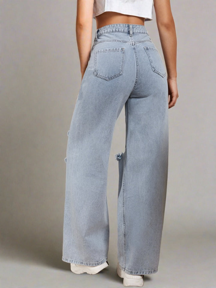Jeans wide leg desgarrados para mujer en gris cielo, PDMX con seguro de envío