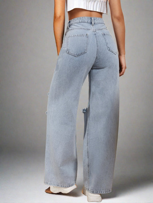 Pantalón gris cielo wide leg con detalles rotos y envío gratuito PDMX