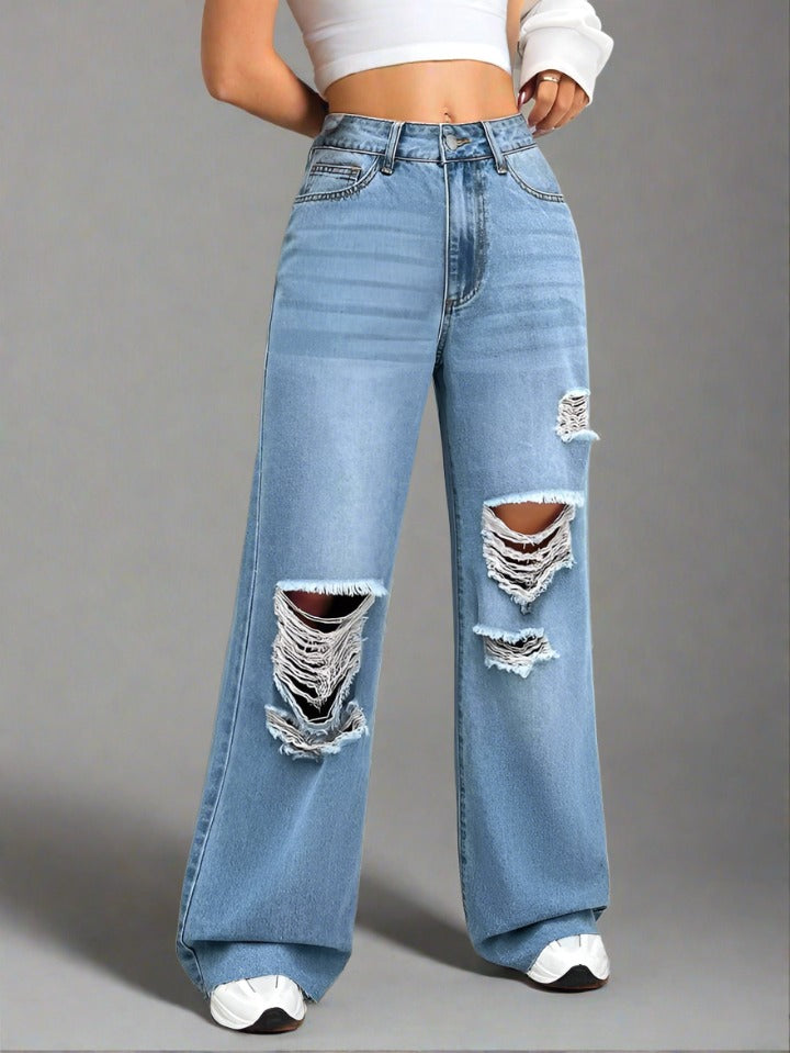 PDMX jeans rotos de pierna ancha para mujer estilo único