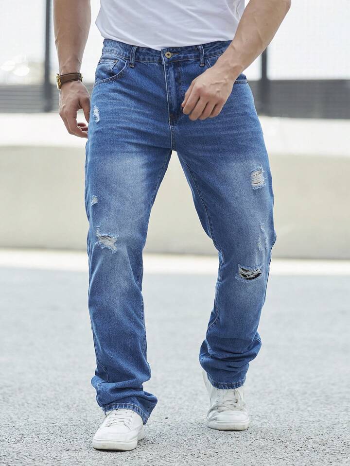 Pantalones de Hombre Straight Rotos Azules - Tendencia PDMX