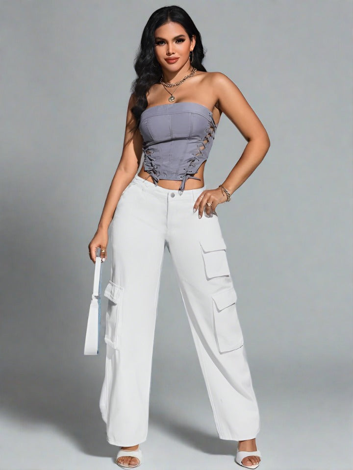 Cargo jeans Color Blanco Mujer con Bolsillos