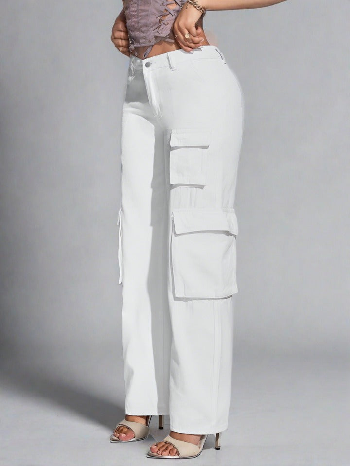 Jeans Cargo Color Blanco Mujer con Bolsillos