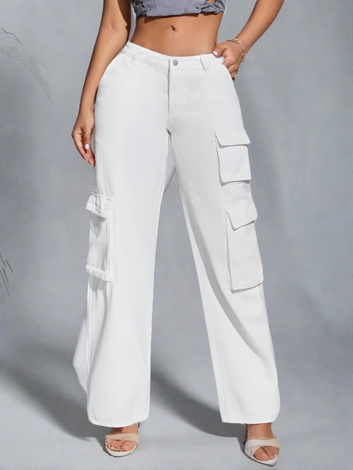 Pantalones Cargo Color Blanco Mujer con Bolsillos