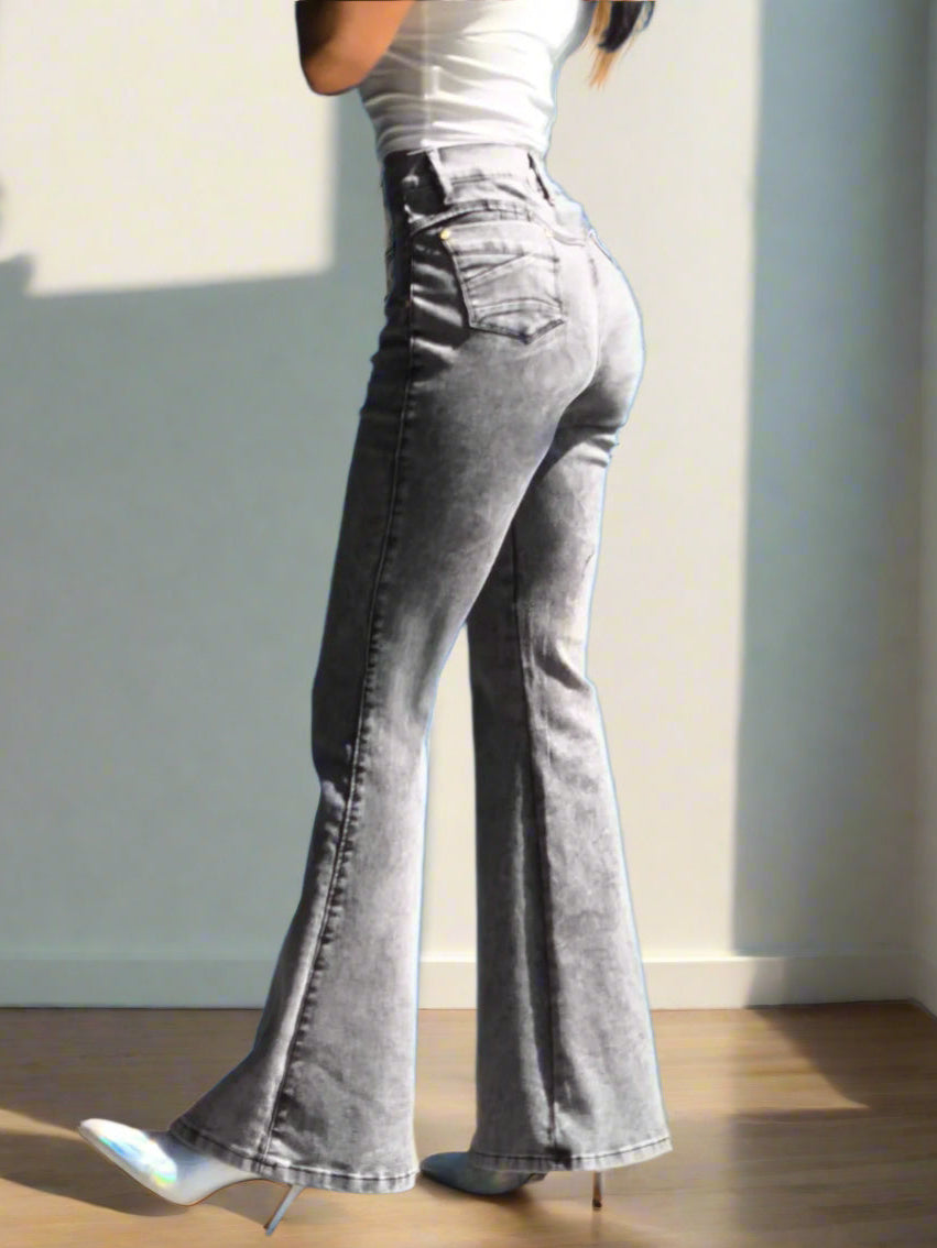 Pantalón campana mujer gris deslavado tiro alto