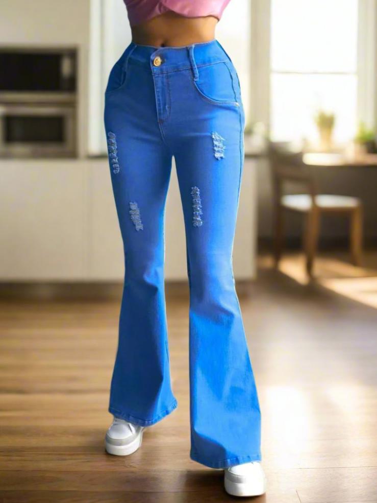 PDMX jeans de mezclilla azul campana para mujer con efecto levanta glúteos