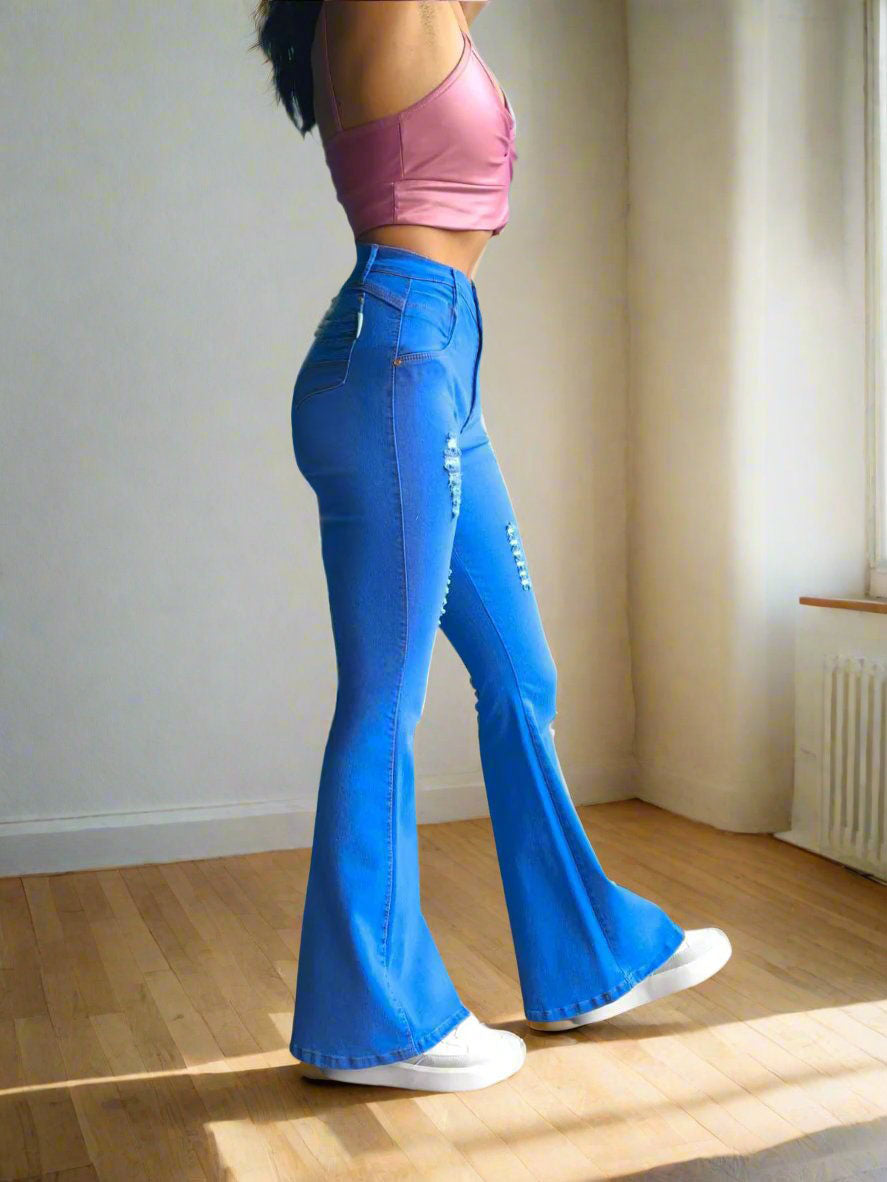 Jeans campana rotos color azul para mujer de PDMX Jeans