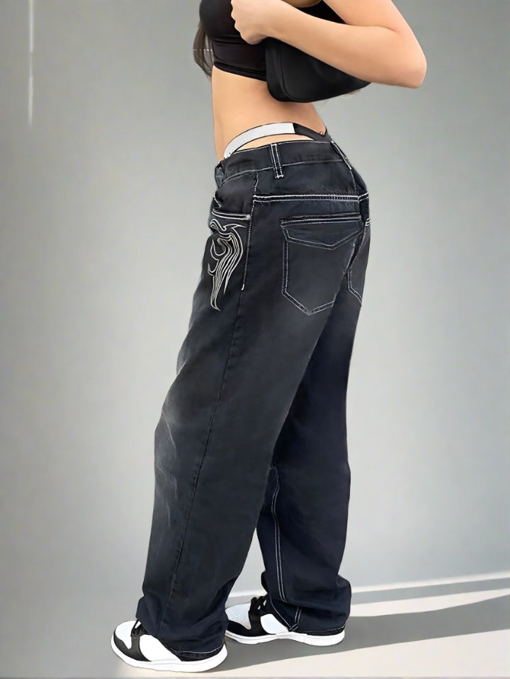Baggy Mom Jeans Negro Mujer
