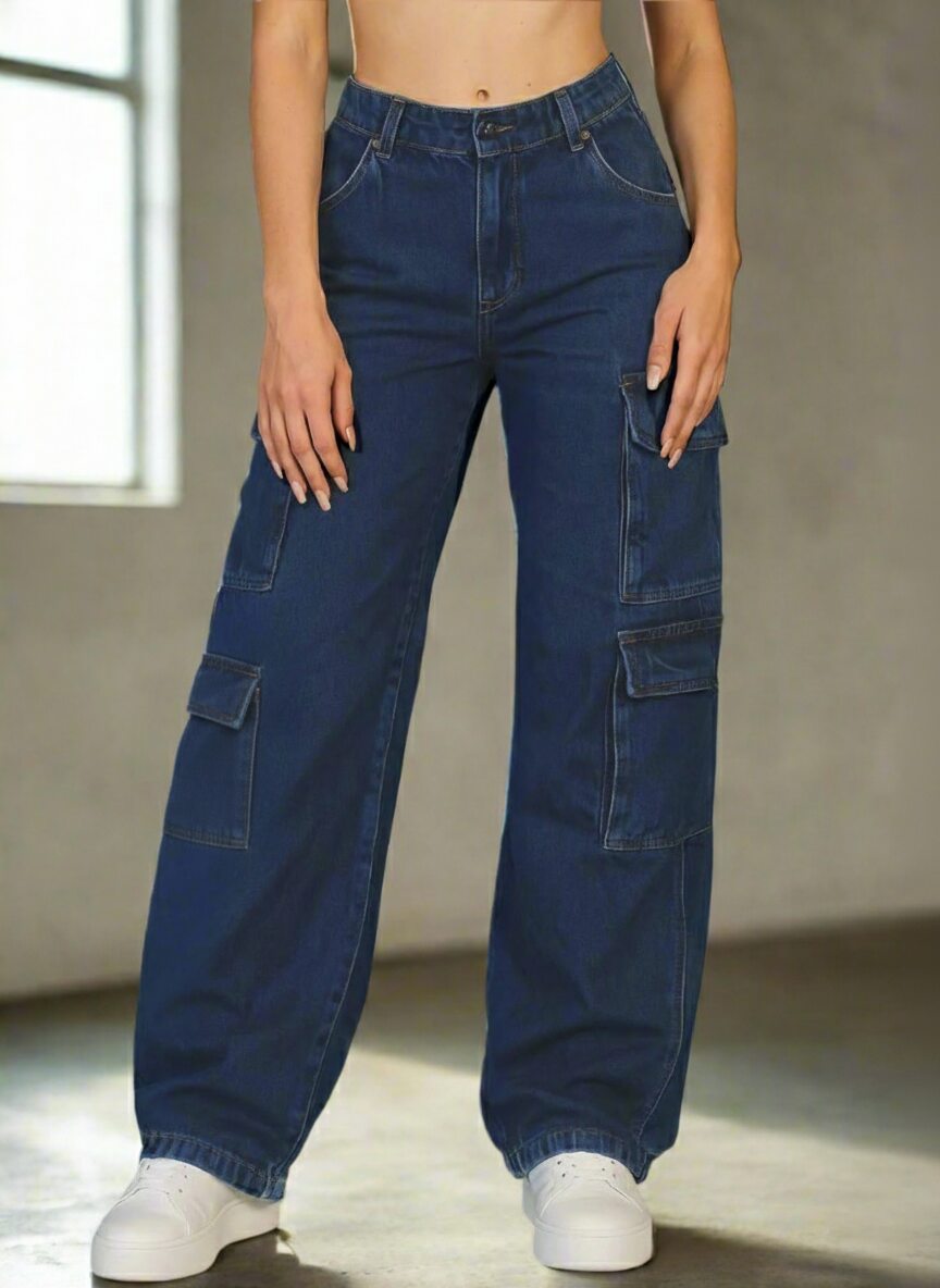 Jeans Cargo Mujer Azul Oscuro con Bolsillos