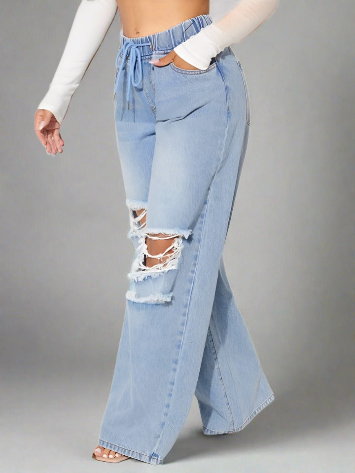 Baggy Jeans Desgastados Mujer Azul