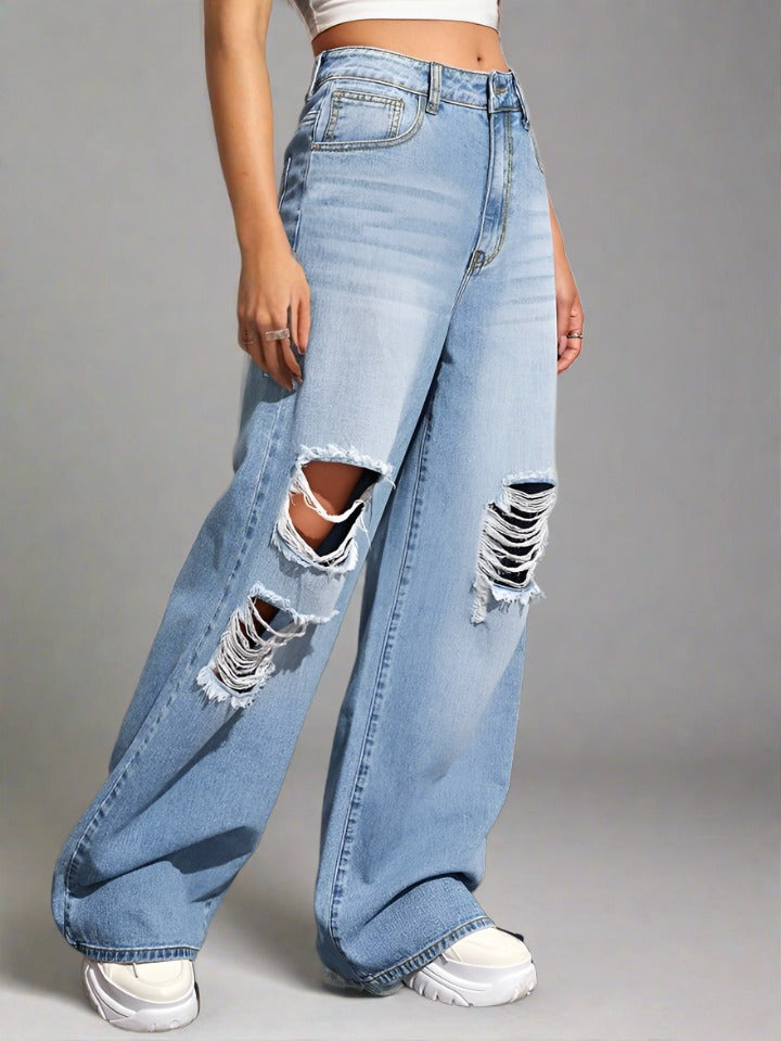 Baggy Jeans Azul Cielo Rotos para Mujer