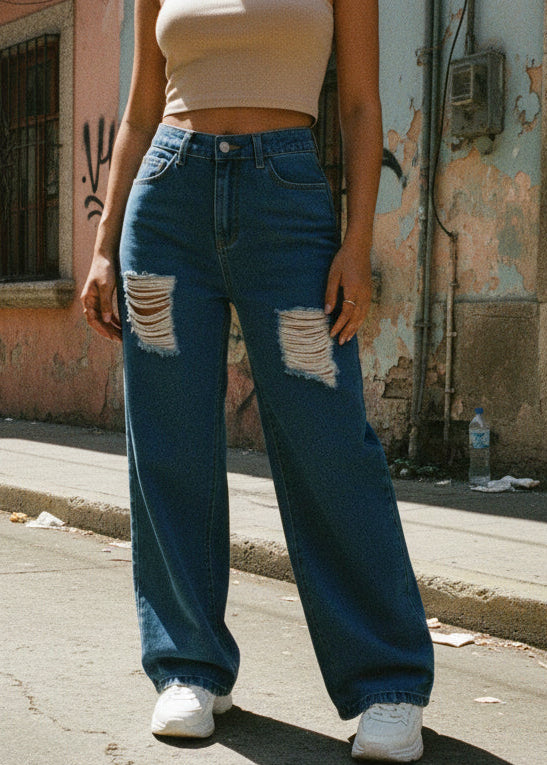 Jeans Baggy Rotos de Color Azul para Mujer