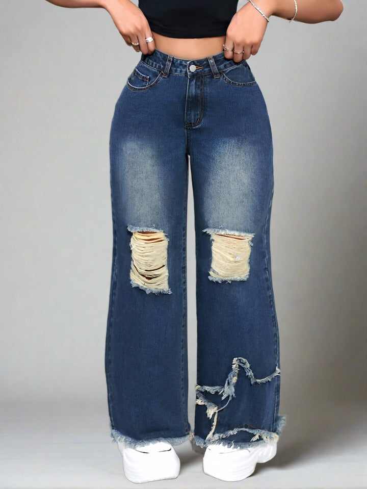 Vista lateral de Boyfriend Jeans Azul Oscuro con detalles rotos