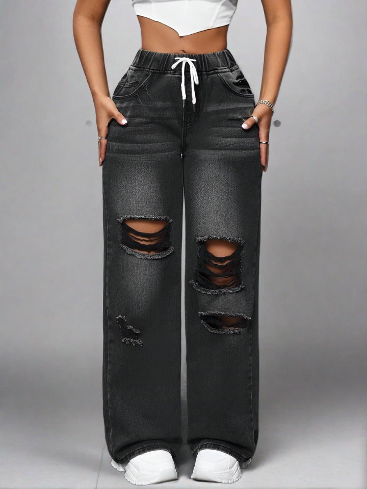Jeans Baggy Rotos de Color Negro para Mujer