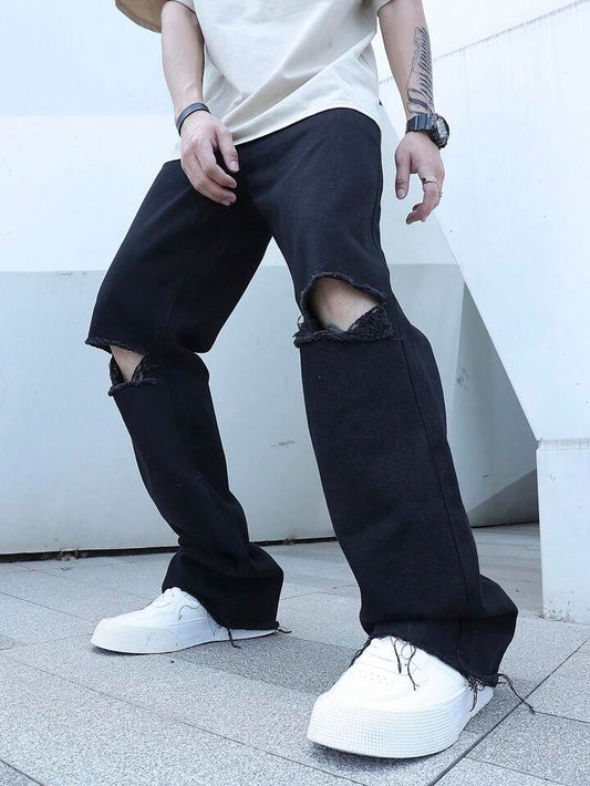 Jeans de Campana Negros Rotos para Hombre PDMX