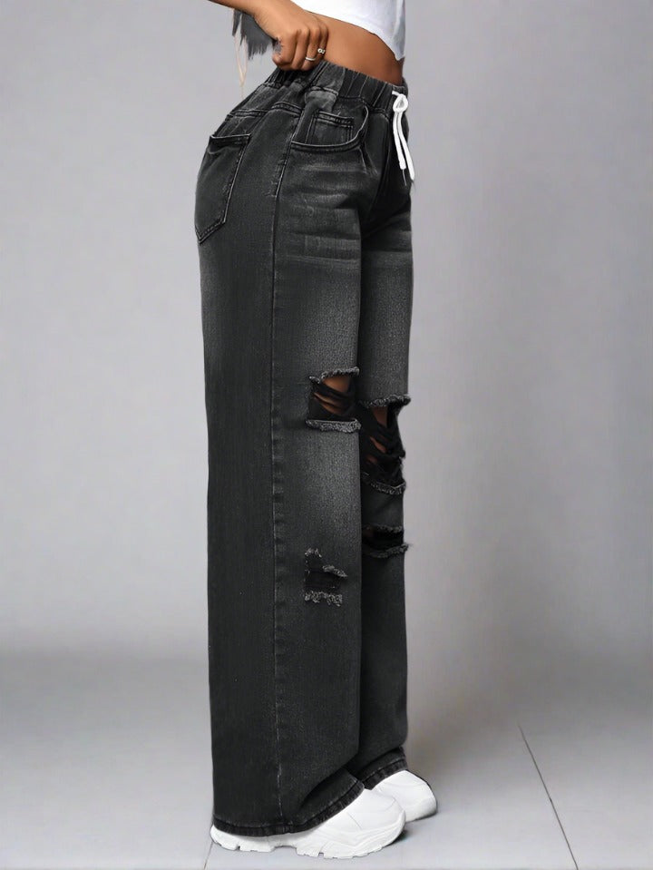 Novio Jeans Negro Roto Mujer con Cintura de Cordón