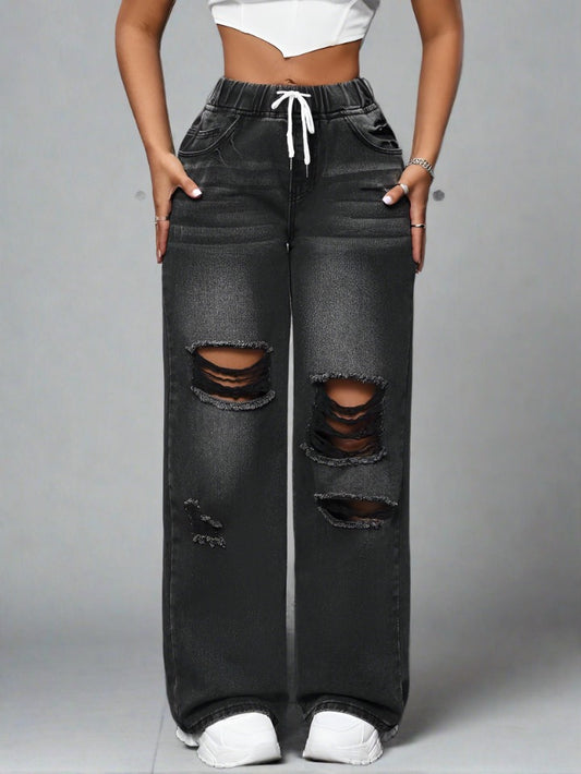 Jeans boyfriend Negro Roto Mujer con Cintura de Cordón