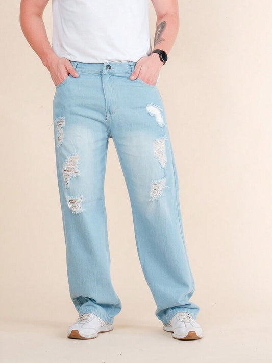 Jeans Boyfriend Azules Cielo Desgastados Rotos para Hombre