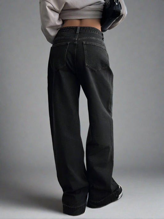 Boyfriend Jeans Baggy Negros Desgastados para Mujer