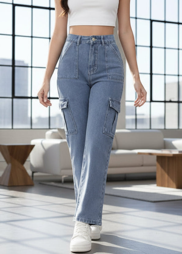 Cargo Jeans Mujer Azul Claro con Bolsillos