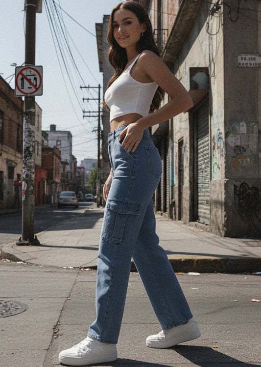 Mujer mostrando Jeans Cargo Azul Claro de PDMX con Bolsillos
