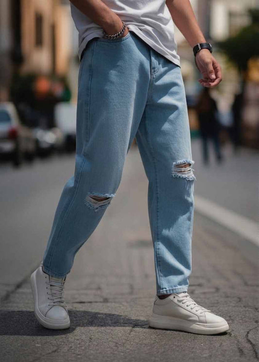Hombre MOM jeans Azul Cielo Desgastados